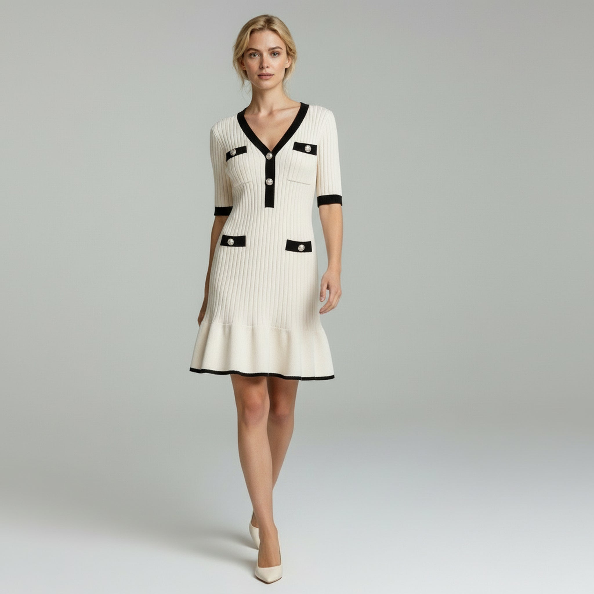 woman wearing beige elegant midi dress on a plain background