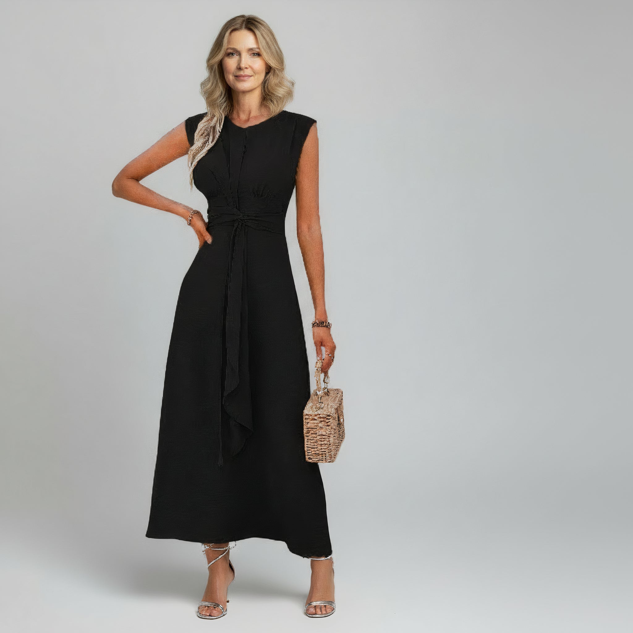 woman wearing black summer maxi dress on a plain background