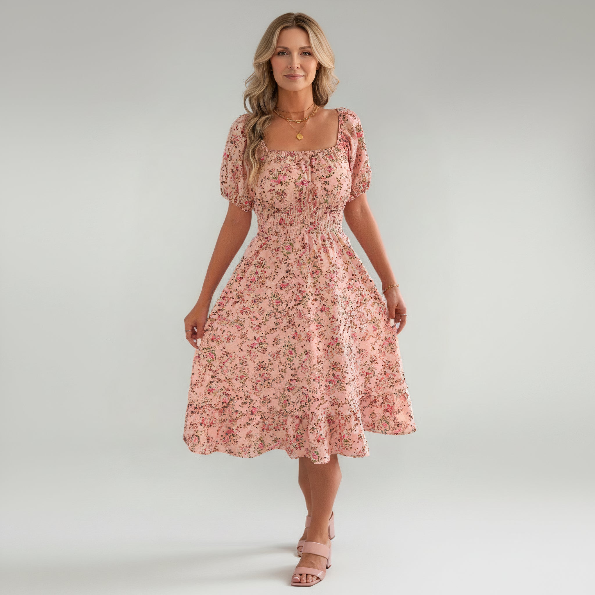 woman wearing pink floral maxi dress on a plain background