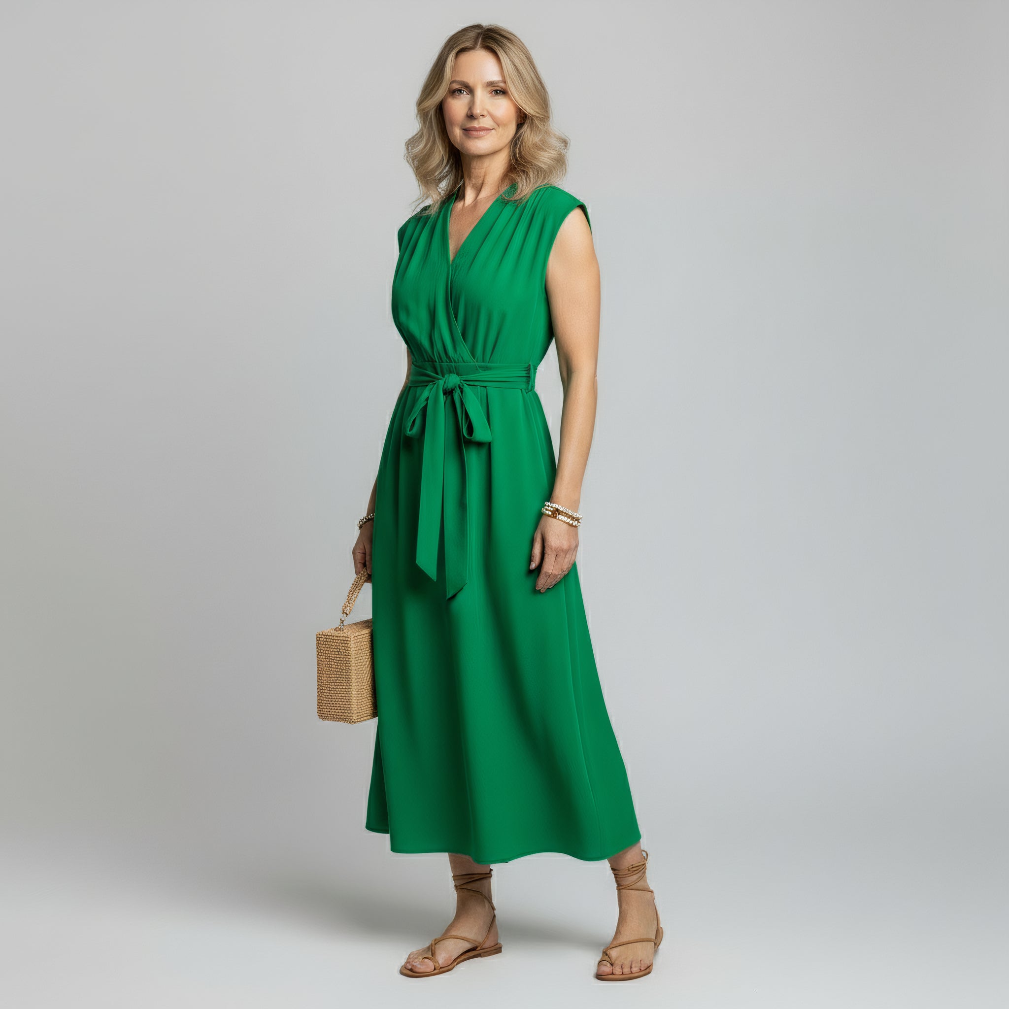 woman wearing olive green sleeveless maxi dress on a plain background