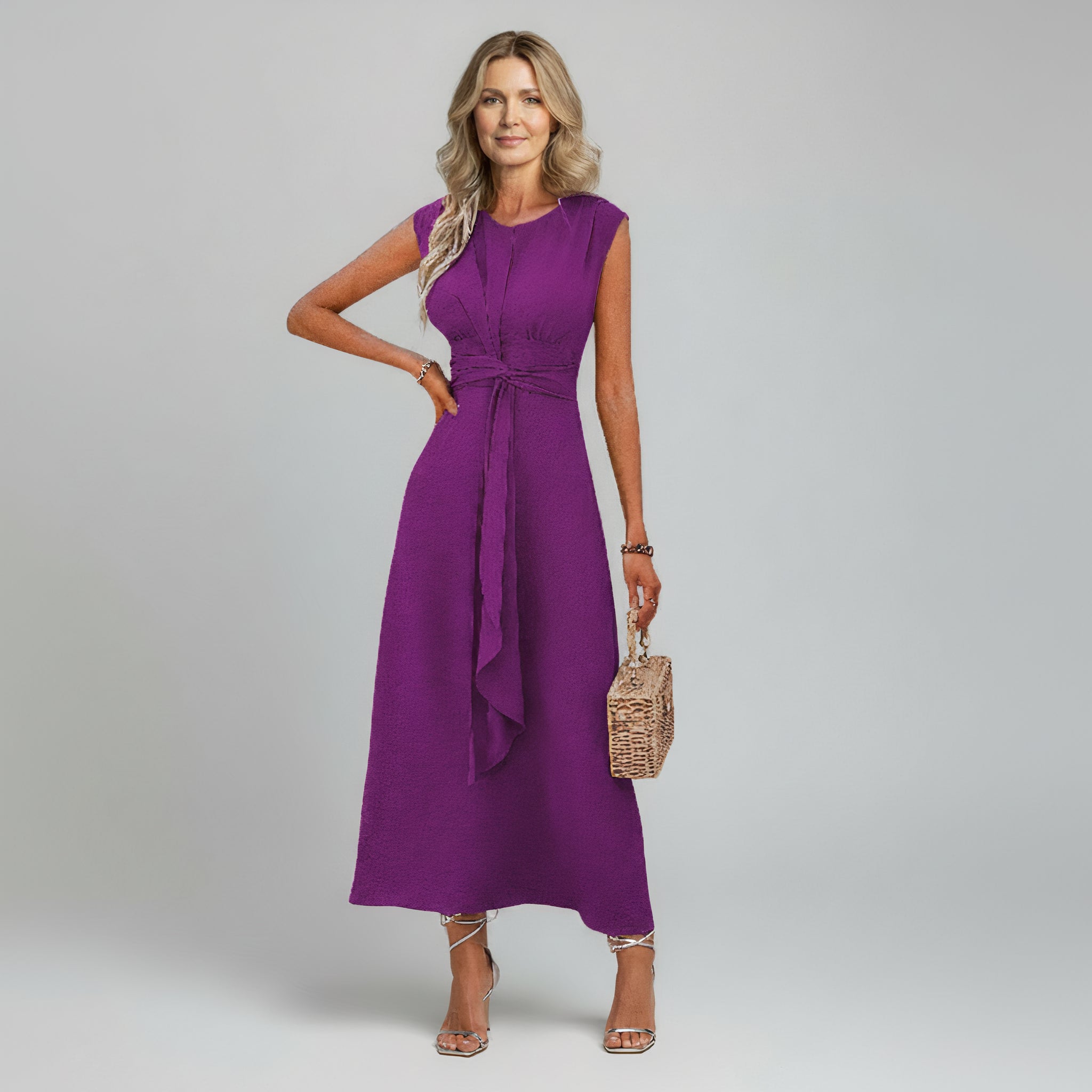 woman wearing purple maxi dress on a plain background