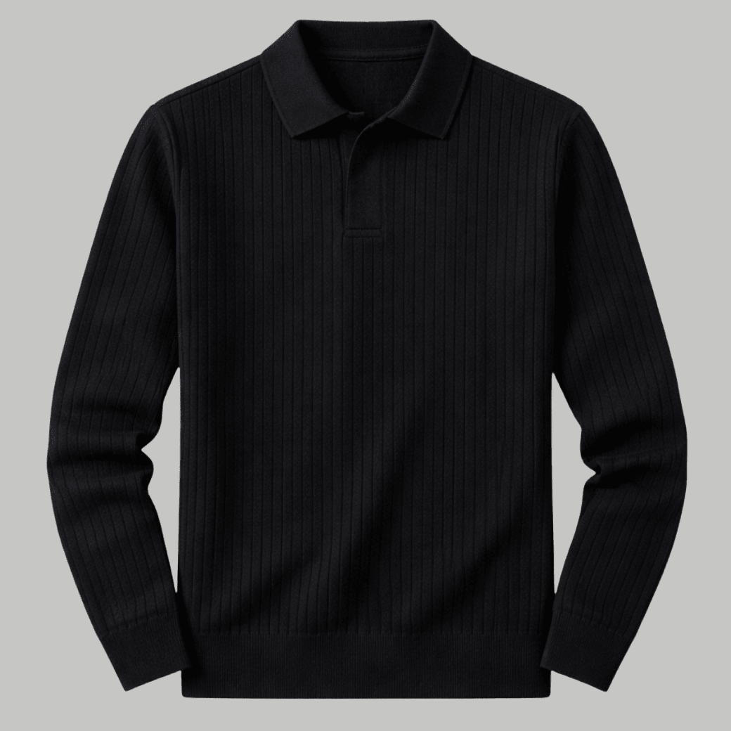 Casual Long Sleeve Ribbed Knit Polo Shirt - Montford & Co