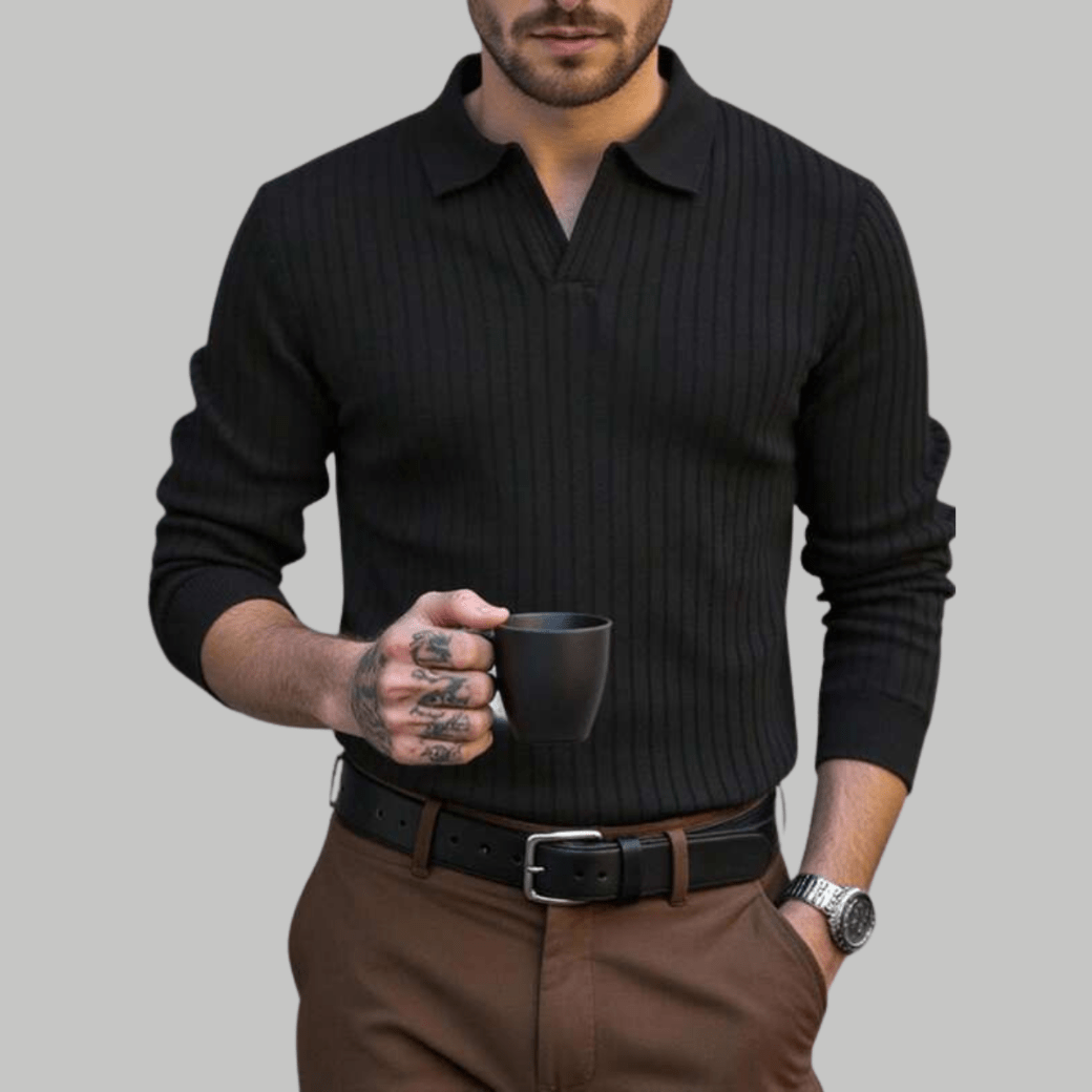 Casual Long Sleeve Ribbed Knit Polo Shirt - Montford & Co