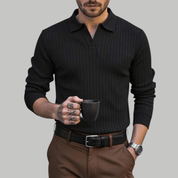 Casual Long Sleeve Ribbed Knit Polo Shirt - Montford & Co