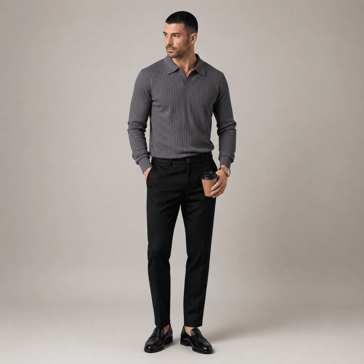 Casual Long Sleeve Ribbed Knit Polo Shirt - Montford & Co