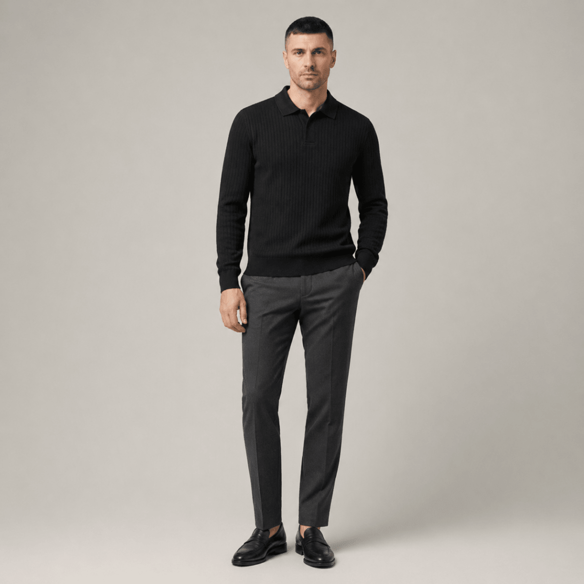 Casual Long Sleeve Ribbed Knit Polo Shirt - Montford & Co
