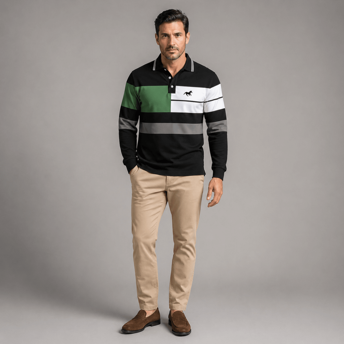 Colour Block Striped Long Sleeve Polo Shirt - Montford & Co