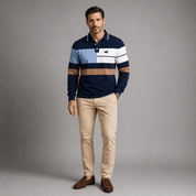 Colour Block Striped Long Sleeve Polo Shirt - Montford & Co