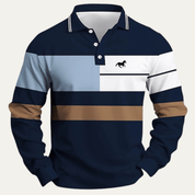 Colour Block Striped Long Sleeve Polo Shirt - Montford & Co
