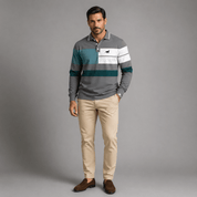 Colour Block Striped Long Sleeve Polo Shirt - Montford & Co