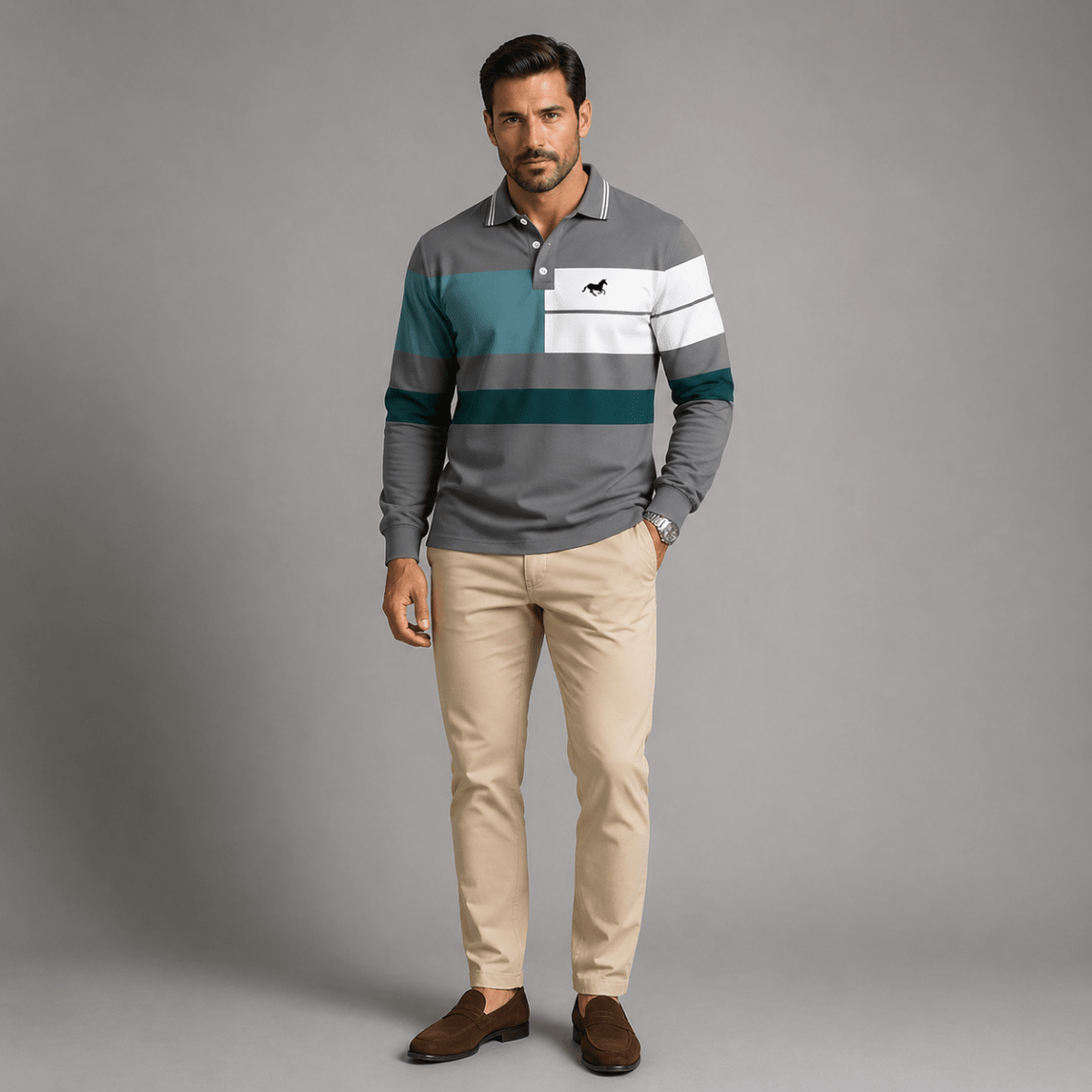 Colour Block Striped Long Sleeve Polo Shirt - Montford & Co
