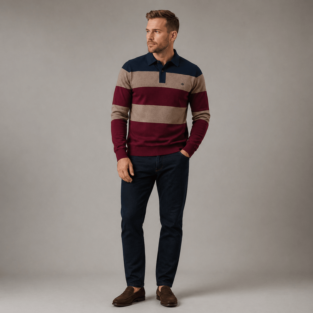 Cotton Button - Up Striped Knit Polo Sweater - Montford & Co