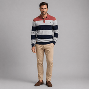 Cotton Button - Up Striped Knit Polo Sweater - Montford & Co