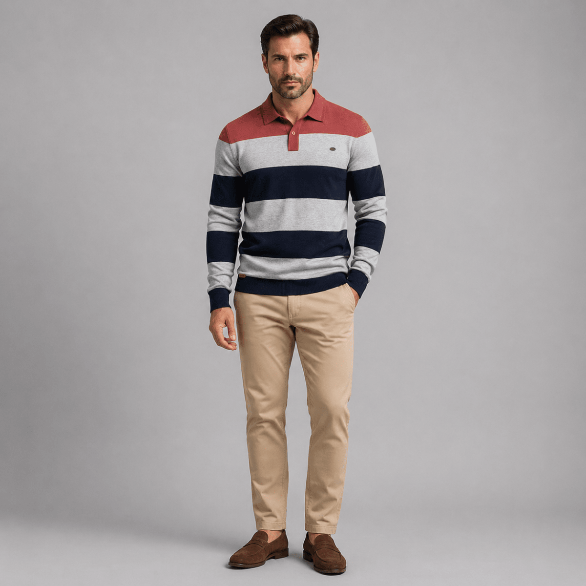 Cotton Button - Up Striped Knit Polo Sweater - Montford & Co
