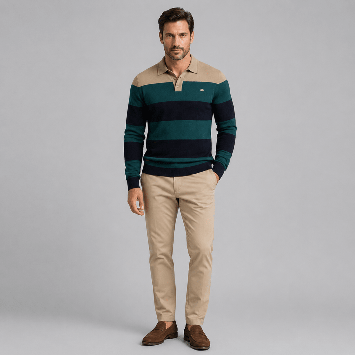 Cotton Button - Up Striped Knit Polo Sweater - Montford & Co