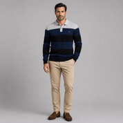 Cotton Button - Up Striped Knit Polo Sweater - Montford & Co