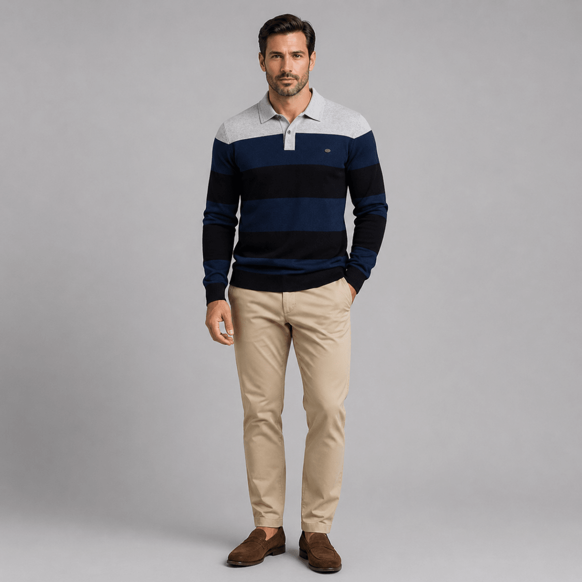Cotton Button - Up Striped Knit Polo Sweater - Montford & Co