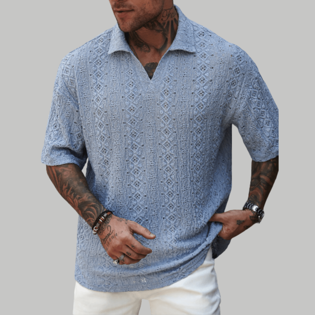 Crochet Knit Short Sleeve Polo Shirt - Montford & Co