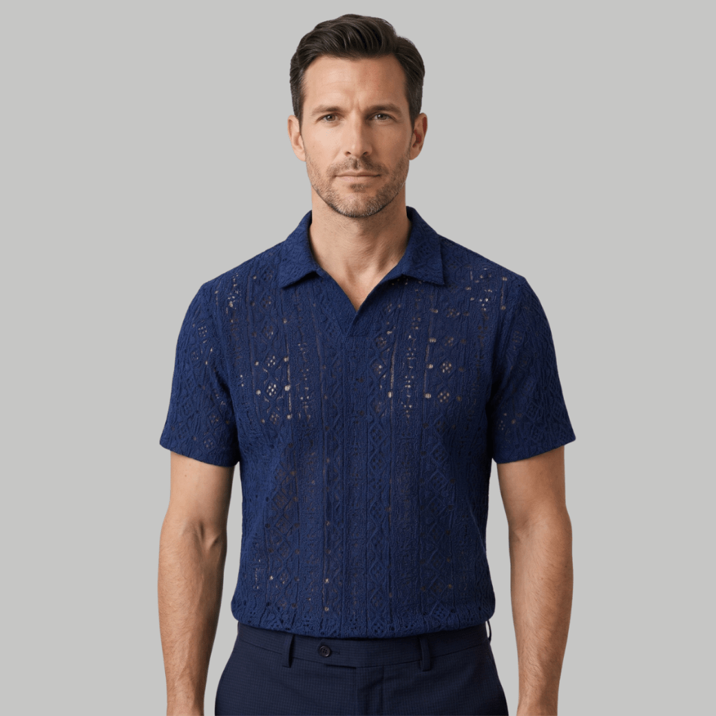 Crochet Knit Short Sleeve Polo Shirt - Montford & Co