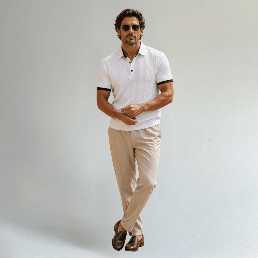 Elegant Textured Polo Shirt with Contrast Collar - Montford & Co