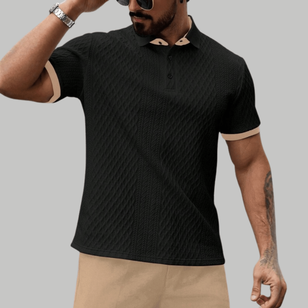 Elegant Textured Polo Shirt with Contrast Collar - Montford & Co