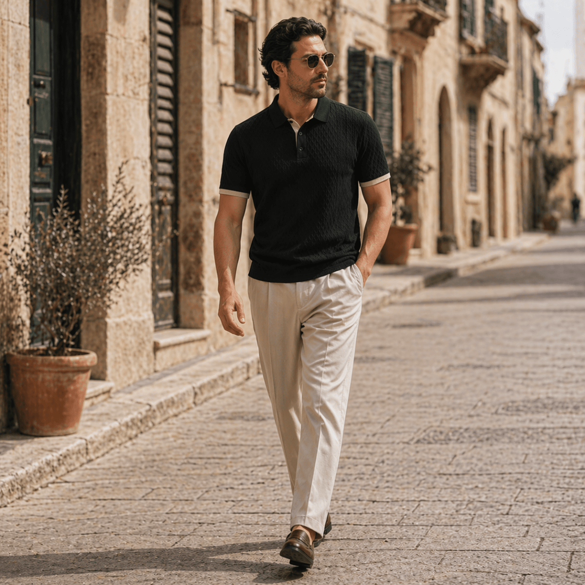 Elegant Textured Polo Shirt with Contrast Collar - Montford & Co