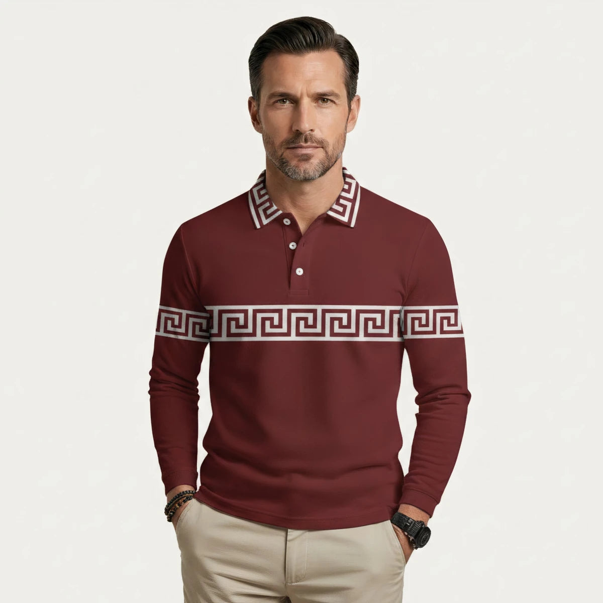 Greek Key Print Casual Lightweight Polo Shirt - Montford & Co