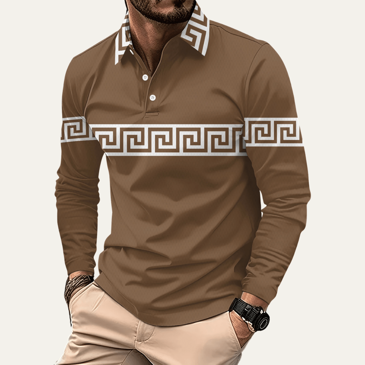 Greek Key Print Casual Lightweight Polo Shirt - Montford & Co