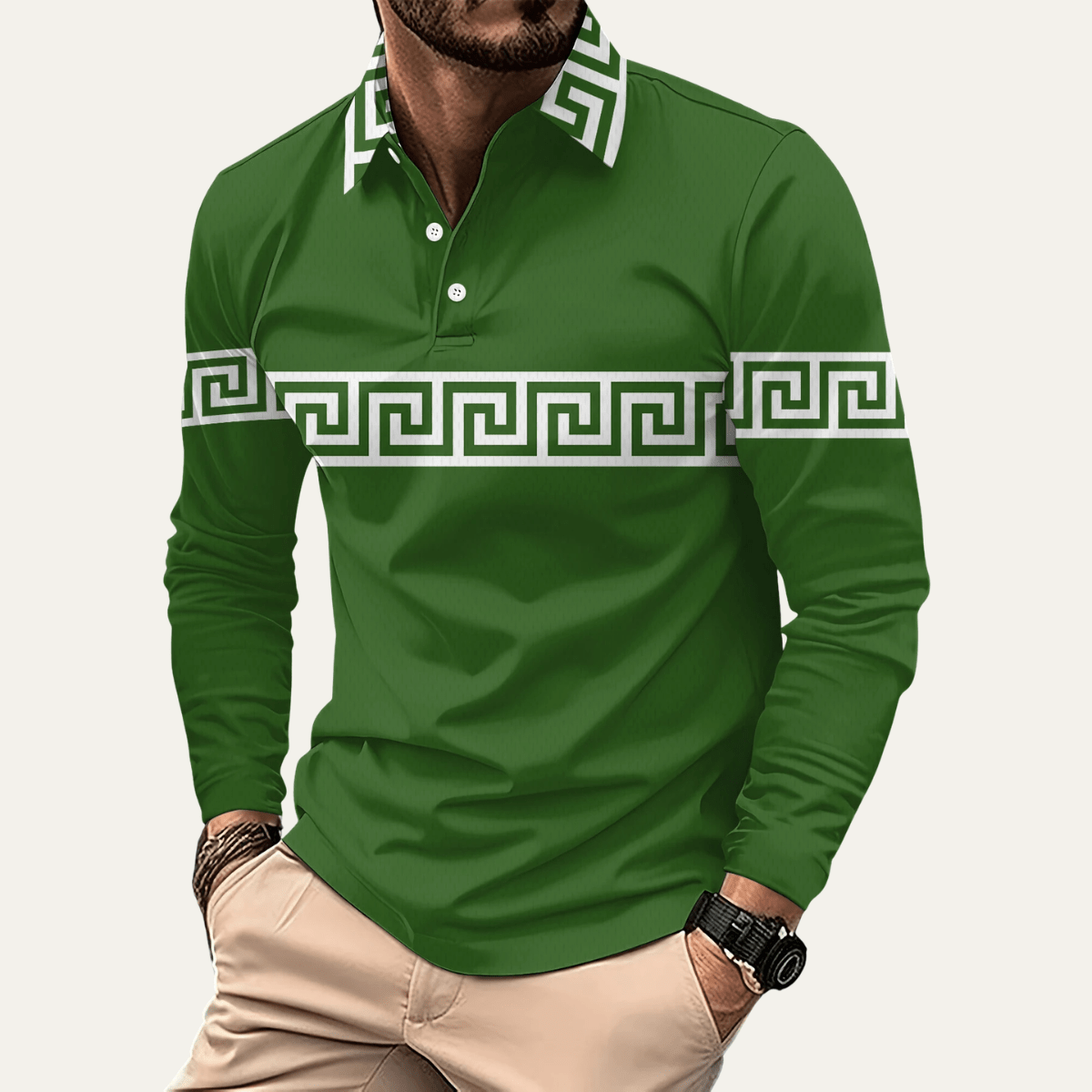 Greek Key Print Casual Slim Fit Polo Shirt - Montford & Co