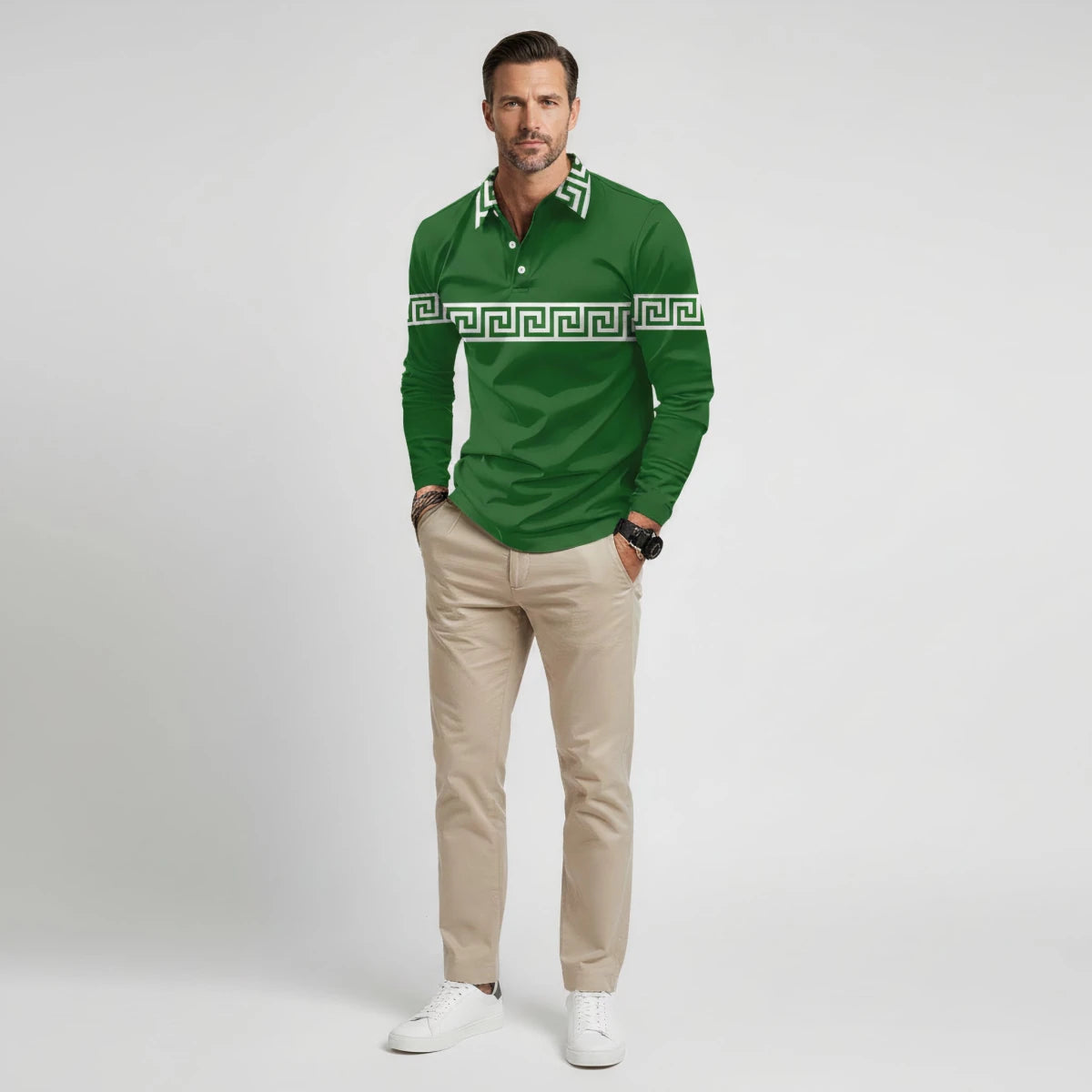 Greek Key Print Casual Slim Fit Polo Shirt - Montford & Co