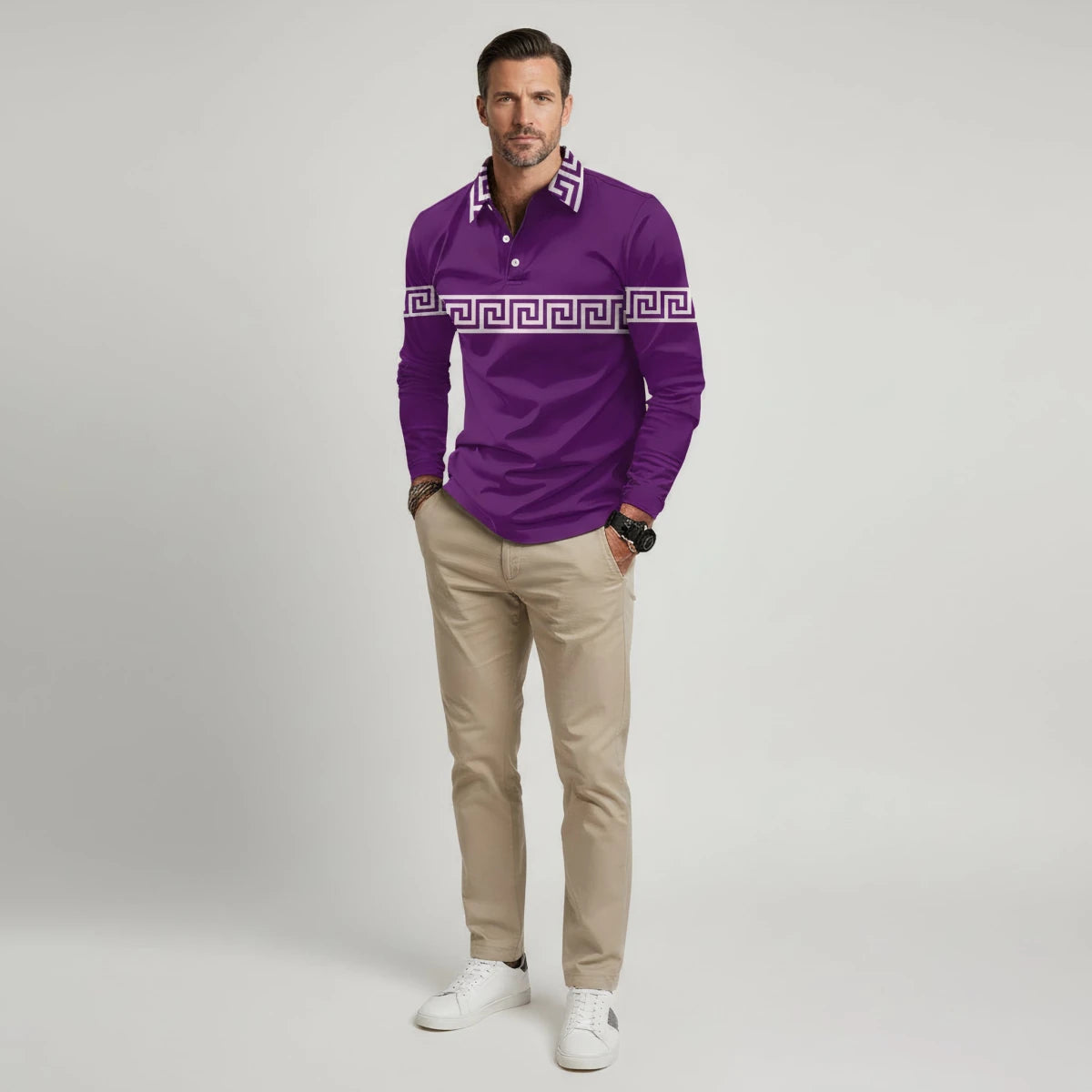 Greek Key Print Casual Slim Fit Polo Shirt - Montford & Co