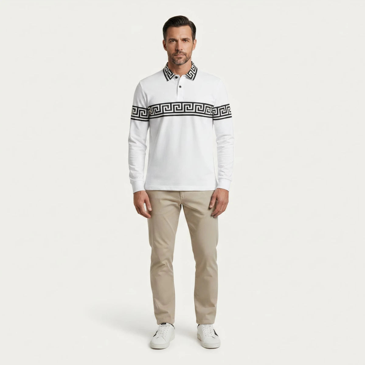 Greek Key Print Casual Slim Fit Polo Shirt - Montford & Co
