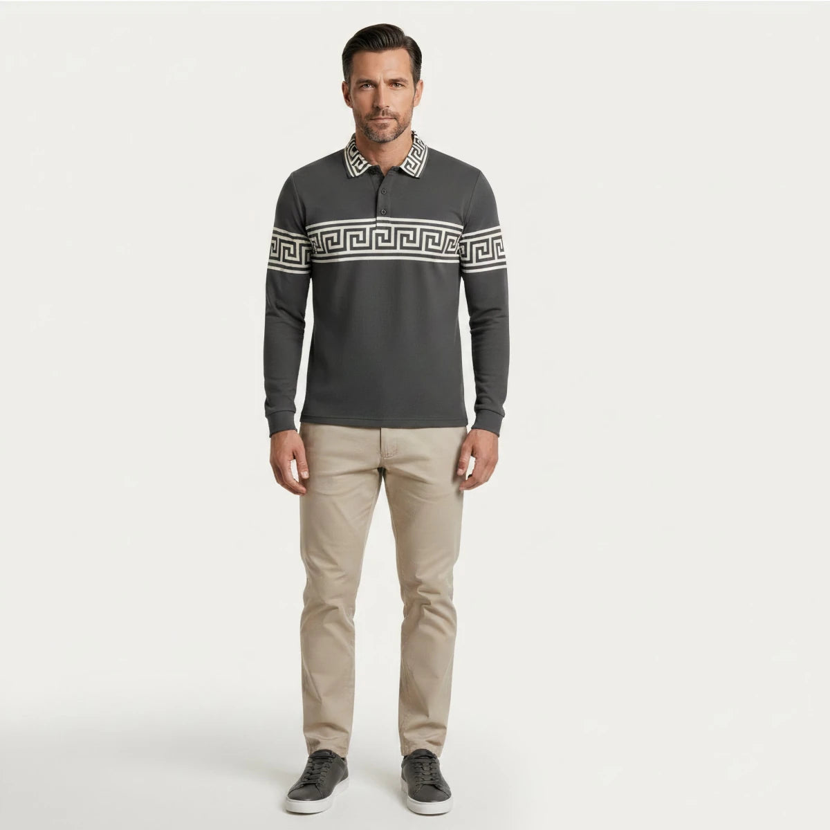 Greek Key Print Casual Slim Fit Polo Shirt - Montford & Co