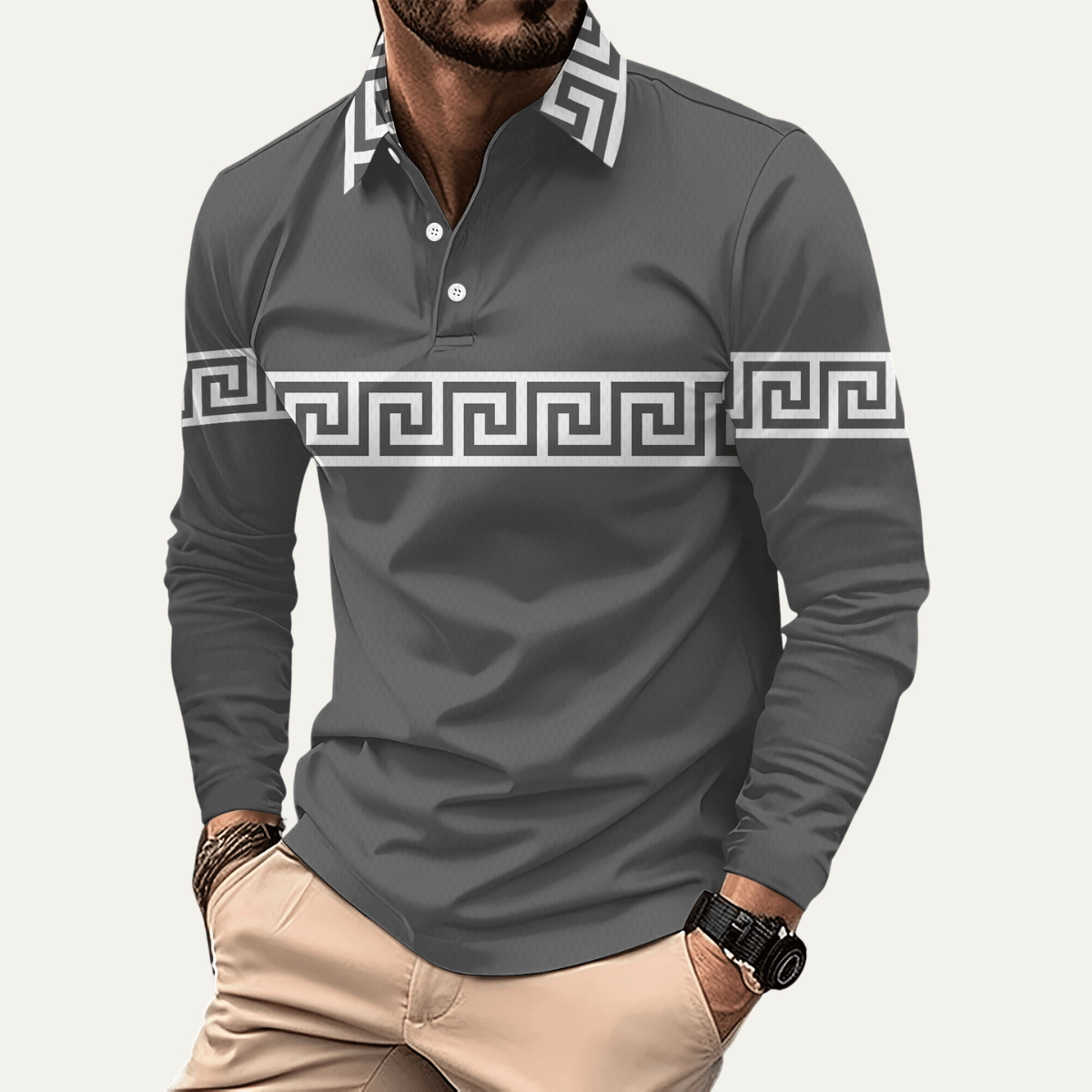 Greek Key Print Casual Slim Fit Polo Shirt - Montford & Co