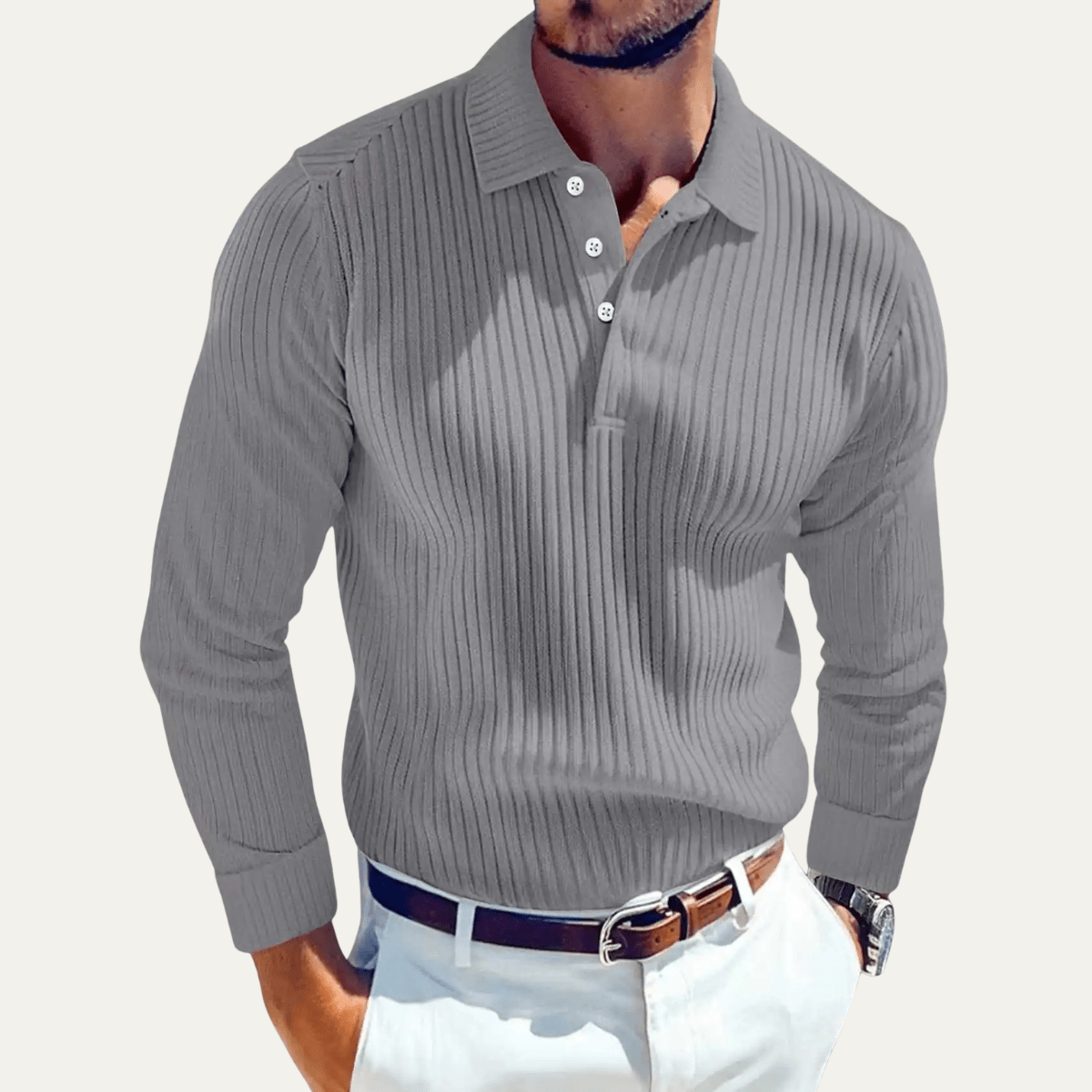 Long Sleeve Polo Shirt with Ribbed Texture - Montford & Co