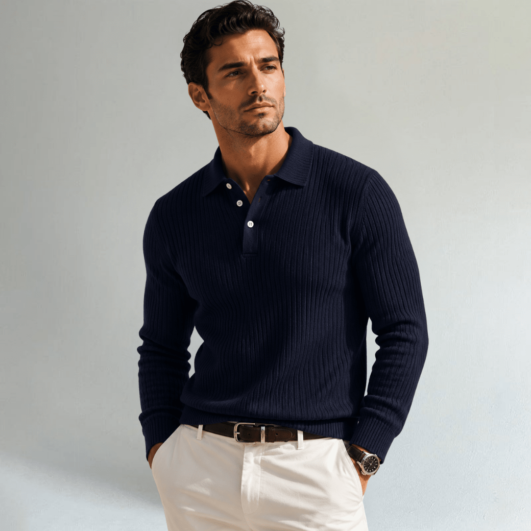 Long Sleeve Polo Shirt with Ribbed Texture - Montford & Co