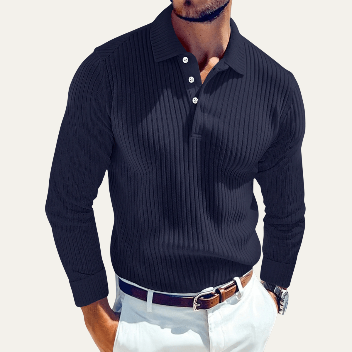 Long Sleeve Polo Shirt with Ribbed Texture - Montford & Co