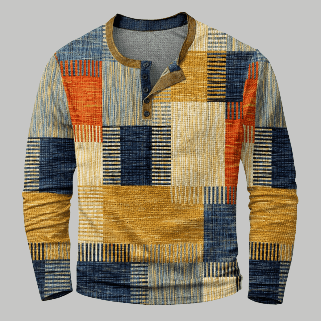 Long Sleeve Polo Shirt with Textured Patchwork Design - Montford & Co