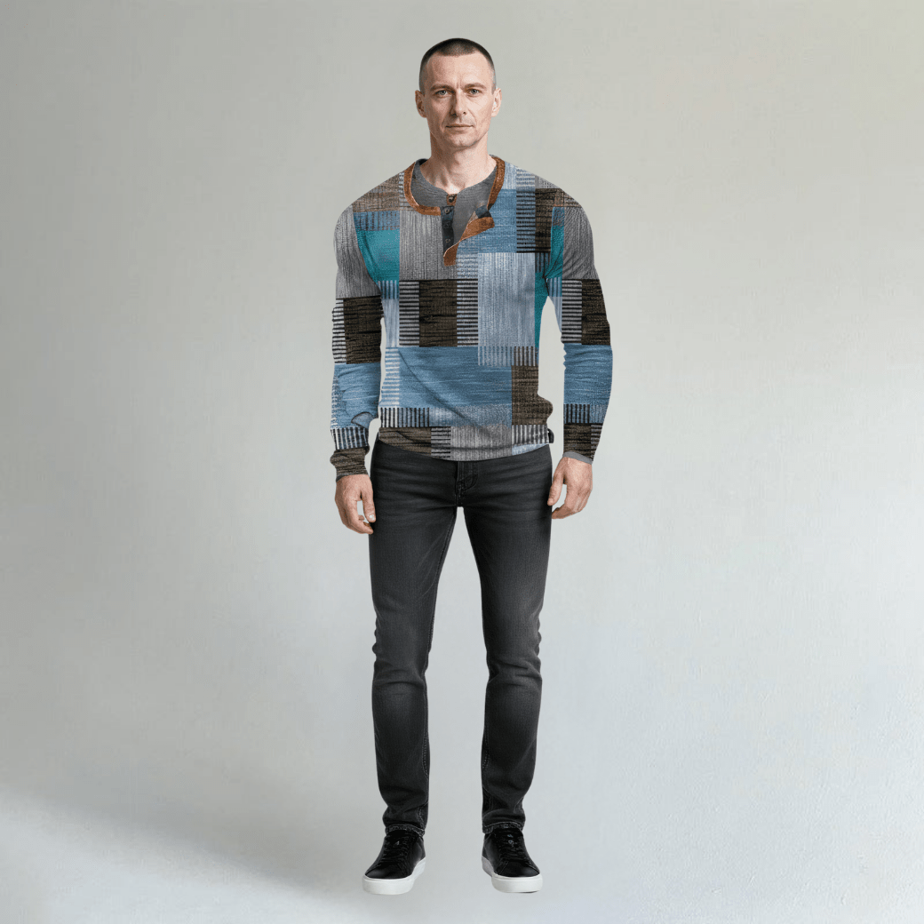 Long Sleeve Polo Shirt with Textured Patchwork Design - Montford & Co