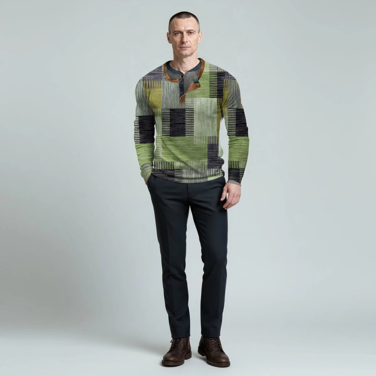 Long Sleeve Polo Shirt with Textured Patchwork Design - Montford & Co