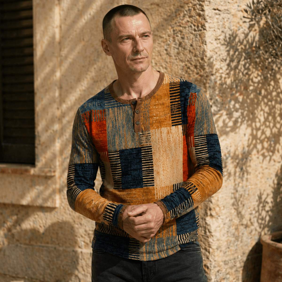 Long Sleeve Polo Shirt with Textured Patchwork Design - Montford & Co