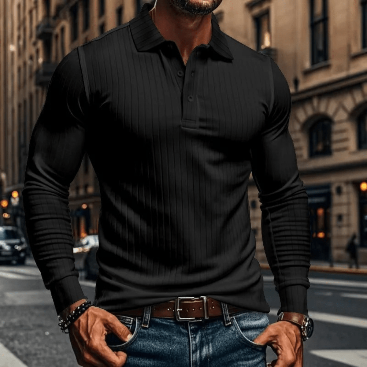 Ribbed Knitted Long Sleeve Polo Shirt - Montford & Co