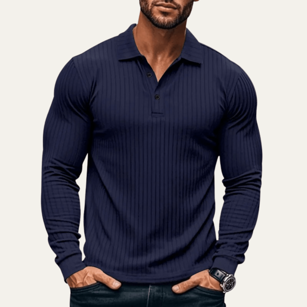 Ribbed Knitted Long Sleeve Polo Shirt - Montford & Co
