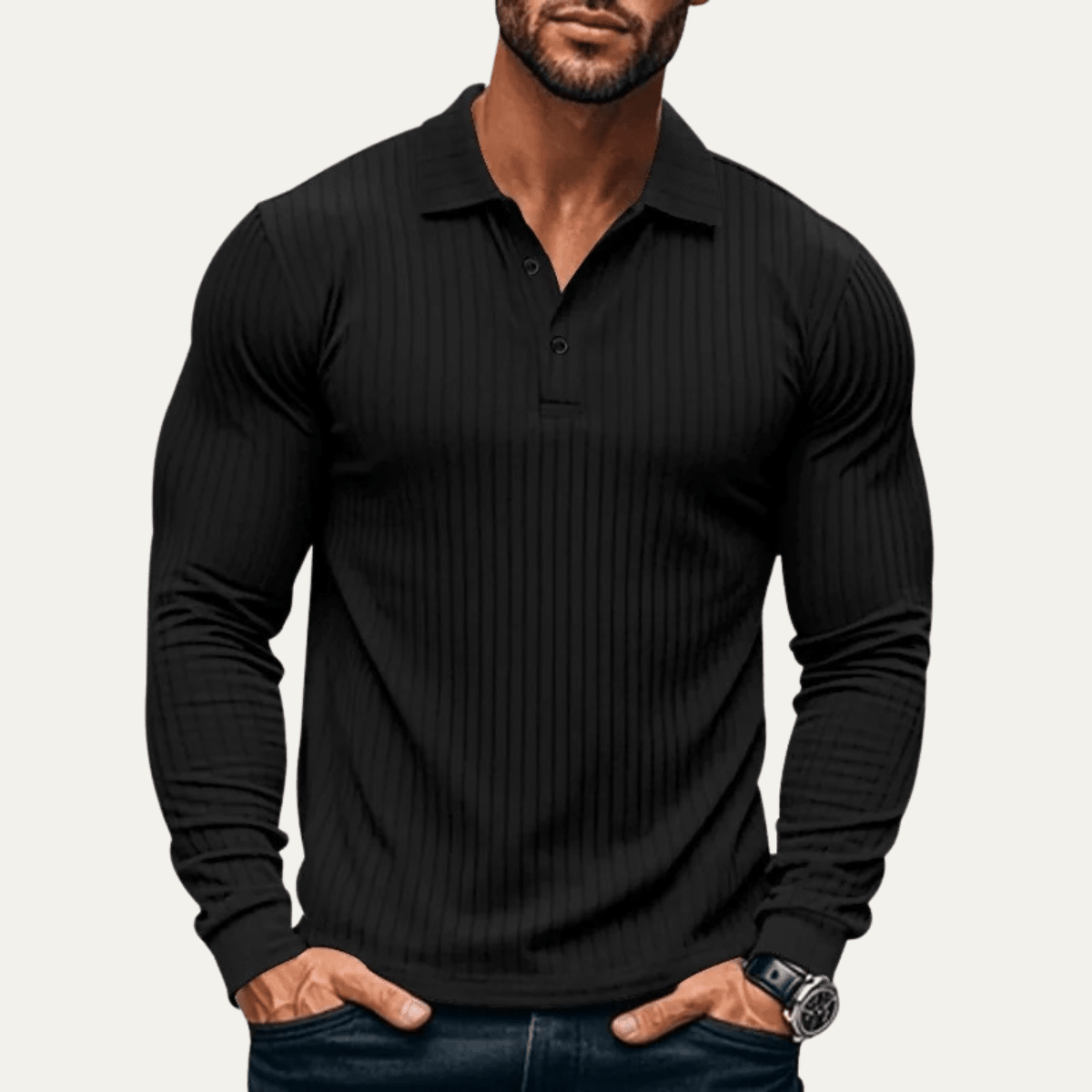Ribbed Knitted Long Sleeve Polo Shirt - Montford & Co