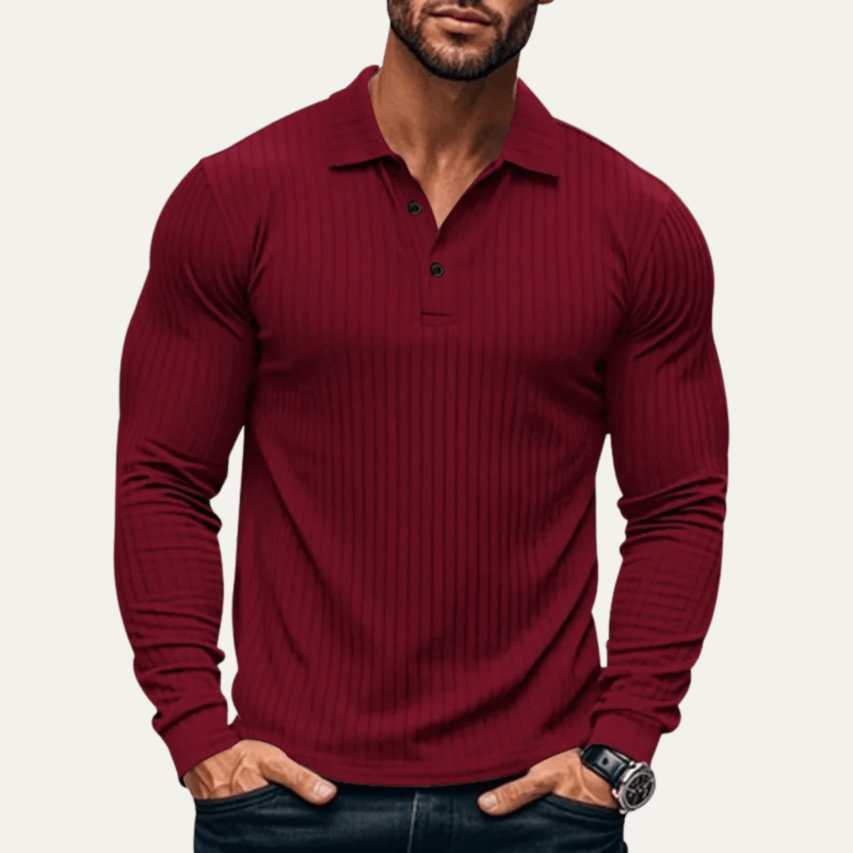 Ribbed Knitted Long Sleeve Polo Shirt - Montford & Co