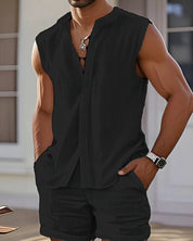 Set – Mens – Spring &amp; Summer – Men's Casual Beach Stand - Up Collar Sleeveless Shirt and Shorts – Montford Co - Montford & Co