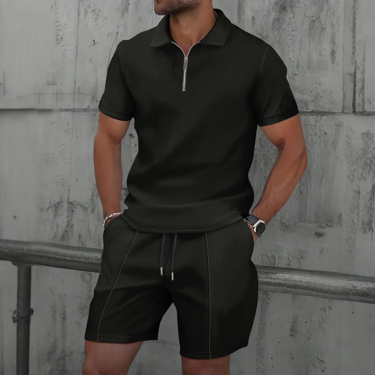 Set – Mens – Spring &amp; Summer – Zip - Up Lapel Short - Sleeve Suit Shorts – Montford Co - Montford & Co