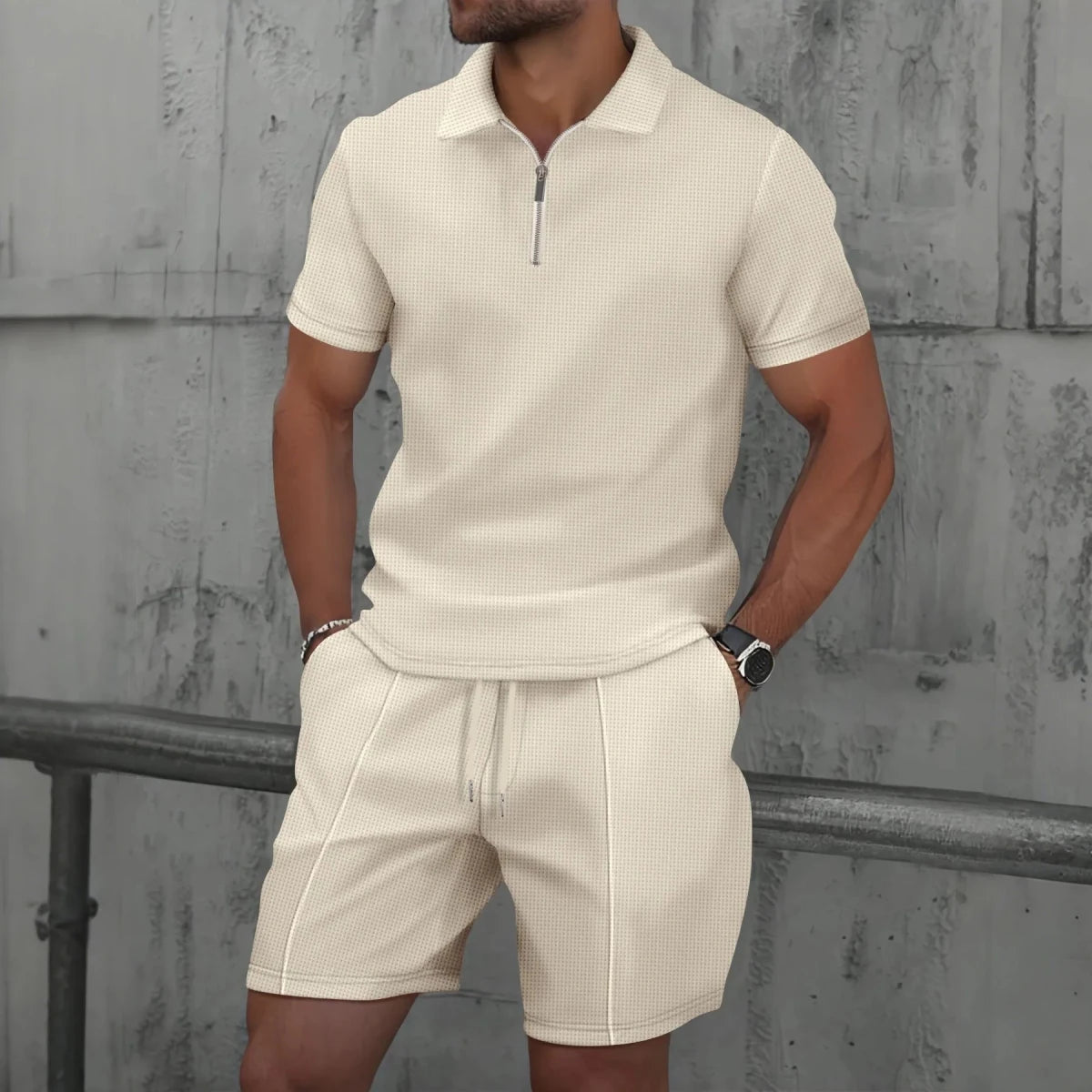 Set – Mens – Spring &amp; Summer – Zip - Up Lapel Short - Sleeve Suit Shorts – Montford Co - Montford & Co