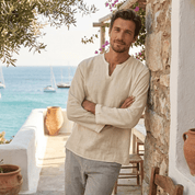 Shirt – Mens – All Season – Men's Cotton Linen Long Sleeve V Neck Casual Blouse – Montford Co - Montford & Co