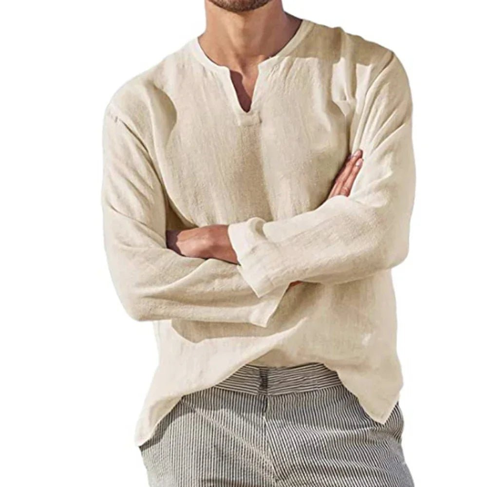 Shirt – Mens – All Season – Men's Cotton Linen Long Sleeve V Neck Casual Blouse – Montford Co - Montford & Co